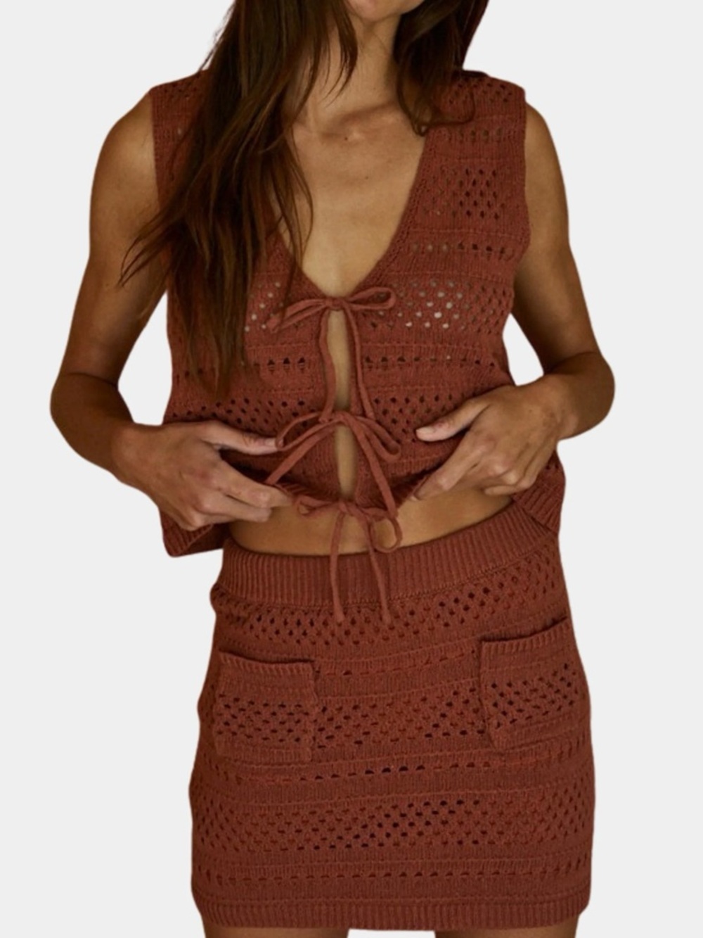 By Together Rust Crochet Tie-Front Top